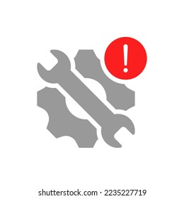 Gear and wrench with an exclamation mark. Setup error notification. Warning sign flat icon isolated on white background. Vector illustration