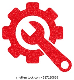 Gear and Wrench grainy textured icon for overlay watermark stamps. Flat symbol with scratched texture. Dotted vector red ink rubber seal stamp with grunge design on a white background.