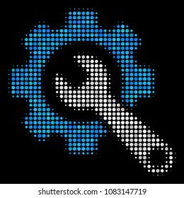 Gear and wrench halftone vector icon. Illustration style is pixel iconic gear and wrench symbol on a black background. Halftone pattern is made with round pixels.