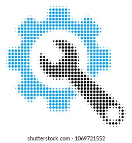 Gear And Wrench halftone vector pictogram. Illustration style is dotted iconic Gear And Wrench icon symbol on a white background. Halftone texture is round spots.