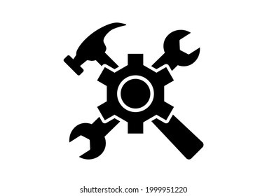 Gear with wrench and hammer under construction symbol vector icon