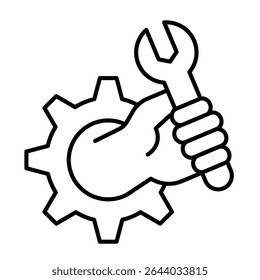 Engranaje con la llave inglesa en la mano icono de línea delgada, concepto de servicio de reparación. Gráficos de Vector. Mano humana con la llave inglesa en signo de la rueda dentada en el fondo blanco, estilo o diseño móvil