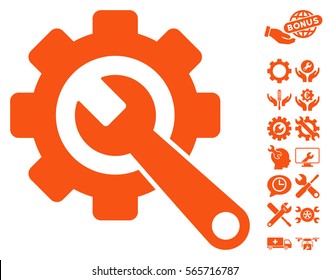 Gear and Wrench icon with bonus settings clip art. Vector illustration style is flat iconic orange symbols on white background.