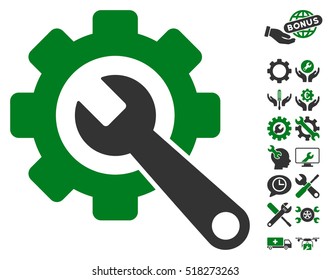 Gear and Wrench icon with bonus setup tools icon set. Vector illustration style is flat iconic green and gray symbols on white background.