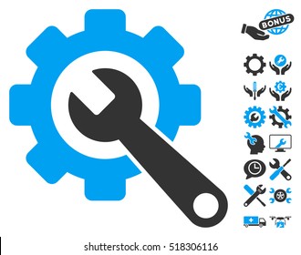 Gear and Wrench icon with bonus setup tools design elements. Vector illustration style is flat iconic blue and gray symbols on white background.