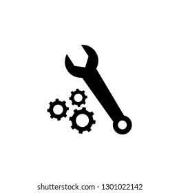 Gear And Wrench Icon In Flat Style For App, UI, Websites. Black Icon Vector Illustration.