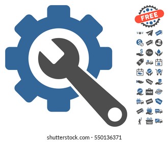Gear and Wrench icon with free bonus pictograph collection. Vector illustration style is flat iconic symbols, cobalt and gray colors, white background.