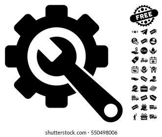 Gear and Wrench icon with free bonus icon set. Vector illustration style is flat iconic symbols, black color, white background.