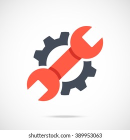 Gear And Wrench Icon. Red Spanner And Black Cog. Creative Graphic Design Logo Element. Modern Concept For Web Banners, Web Sites, Mobile App, Infographics. Isolated On Gradient Background. Vector Icon