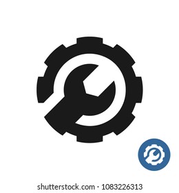 Gear and wrench icon. Service support logo. Round gear connected with wrench as one piece black symbol. Development and customization sign. Technical service concept.