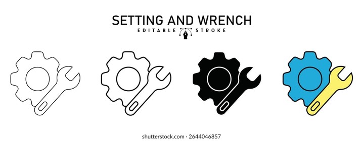 Gear and wrench icon with wrench Gear Symbol in Various Styles vector illustration, Tool icon vector set. Maintenance tools with wrench, gear