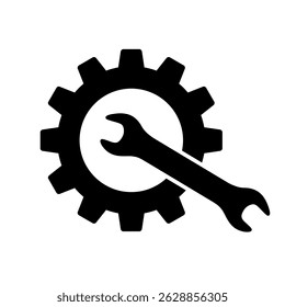 Gear and Wrench Icon Vector Illustration. A black vector illustration of a mechanical gear with a wrench placed diagonally across its center.