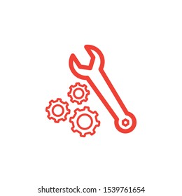 Gear And Wrench Line Red Icon On White Background. Red Flat Style Vector Illustration