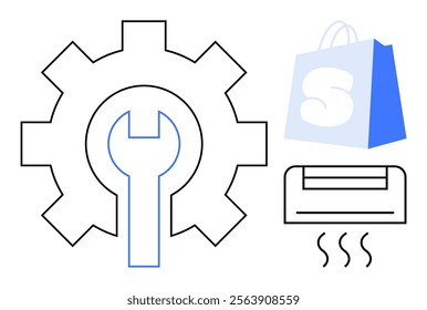 Gear and wrench next to a blue shopping bag marked S and an air conditioner emitting hot air. Ideal for technology, repair services, shopping, HVAC maintenance, and ecommerce. Simple modern style