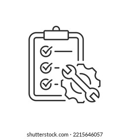 Gear and wrench on clipboard. Service checklist report icon concept isolated on white background. Vector illustration