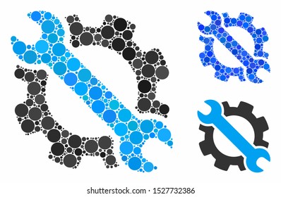 Gear and wrench options tools composition of circle elements in different sizes and shades, based on gear and wrench options tools icon. Vector circle elements are united into blue collage.