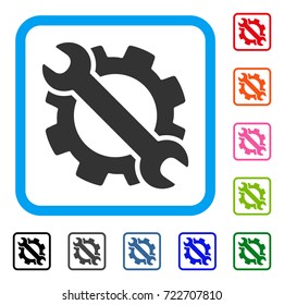 Gear And Wrench Options Tools icon. Flat gray iconic symbol in a light blue rounded rectangular frame. Black, gray, green, blue, red, orange color variants of Gear And Wrench Options Tools vector.