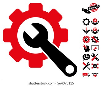 Gear and Wrench pictograph with bonus service graphic icons. Vector illustration style is flat iconic intensive red and black symbols on white background.