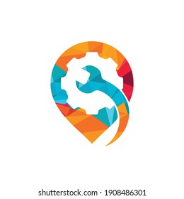 Gear wrench pin point logo template. Vector illustration of workshop location.	