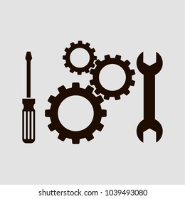Gear, wrench and screwdriver. Flat vector icon