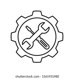 Gear with Wrench and screwdriver icon. Outline thin line flat illustration. Isolated on white background. 