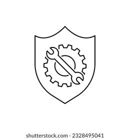 Engranaje y llave con escudo. Icono de línea de mantenimiento seguro aislado en fondo blanco. Ilustración del vector