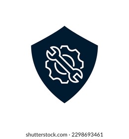 Gear and wrench with a shield. System protection, secured settings flat icon isolated on white background. Vector illustration