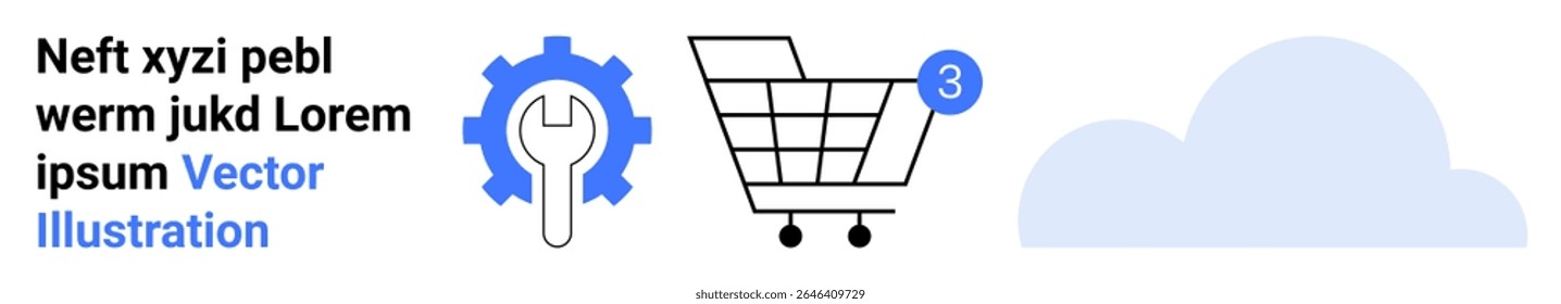 Gear with wrench, shopping cart with notification, and cloud icon. Ideal for e-commerce, online services, cloud computing, notifications, tech support, digital marketing. Landing page