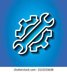 Icono simple de la llave mecánica. Diseño plano. Icono blanco con sombra sobre fondo azul.ai