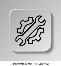 Gear wrench simple icon. Flat desing. Black icon on square button with shadow. Grey background.ai