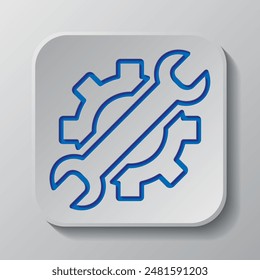 Llave de engranajes icono simple. Diseño plano. Diseño de corte de papel. Símbolo azul cortado con sombra. Insignia gris Botón, fondo gris.ai