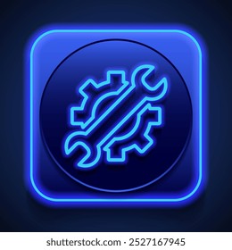 Gear wrench simple icon. Flat design. Blue neon style on button. With shadow.ai