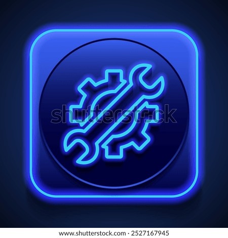 Gear wrench simple icon. Flat design. Blue neon style on button. With shadow.ai