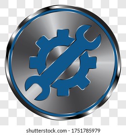 Gear wrench simple icon on metal round button. Transparent grid