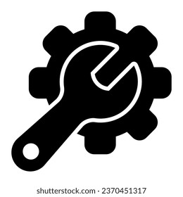 Icono sólido de engranaje y llave, concepto de piezas de coche, Signo de servicio en fondo blanco, llave e icono de engranajes en estilo glifo para concepto móvil y diseño web. Gráficos vectoriales
