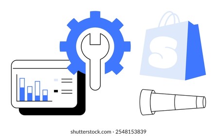 Equipamiento con un símbolo de llave inglesa, un gráfico de barras en una pantalla digital, un icono de una bolsa de compras y una lupa. Ideal para negocios, análisis, comercio electrónico, exploración y herramientas. Estilo de Vector plano