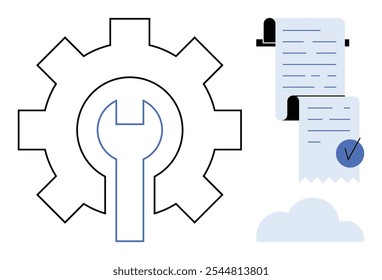 Un engranaje con un símbolo de llave inglesa en el interior y documentos con una marca de verificación junto a una nube. Ideal para Asistencia técnica, gestión de procesos, mantenimiento, documentación y servicios en la nube. Estilo minimalista