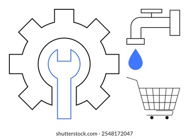 Gear and wrench symbol next to water faucet and drop and shopping cart. Ideal for maintenance, plumbing, shopping, engineering, tools. Simplistic line art style