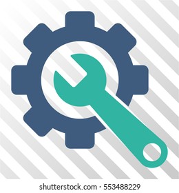 Gear and Wrench vector icon. Illustration style is flat iconic bicolor cobalt and cyan symbol on a hatch transparent background.