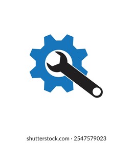 Gear and Wrench vector icon. Style is flat graphic bicolor symbol, smooth blue colors, white background.