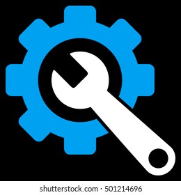 Gear and Wrench vector icon. Style is flat graphic bicolor symbol, blue and white colors, black background.