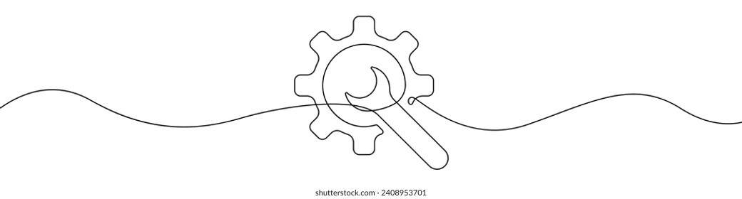 Gear and wrench vector linear icon. Continuous line drawing icon repair. One line background for repair companies. Vector icon for recovery service. Work concept linear icon.