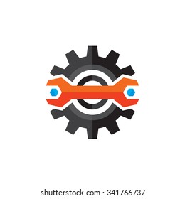Gear and wrench vector logo template concept illustration in flat style. Support icon. Setting flat icon. Cog sign. SEO insignia. Design element. 