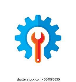 Gear and wrench vector logo template concept illustration in flat style. Support icon. Setting flat icon. Cog sign. SEO insignia. Design element.
