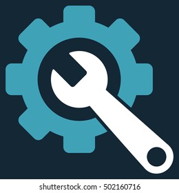Gear and Wrench vector pictograph. Style is flat graphic bicolor symbol, blue and white colors, dark blue background.