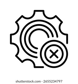 Engrenar com o ícone Linha de marcas X, símbolo de estrutura de tópicos para indicação de erro, falha do sistema, processo de cancelamento, configurações problemáticas e configuração incorreta. Ícone de sinal vetorial.
