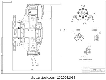 
Desenho de conjunto de caixa de velocidades. 
Projeto vetorial de peça mecânica de aço com furos
e linhas de dimensão.
Esquema de cartão de engenharia. Modelo técnico do computador.