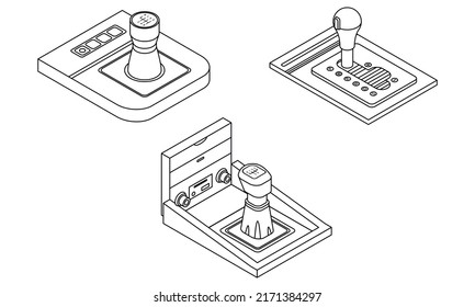 Juego de iconos de la caja de cambios. Conjunto isométrico de iconos vectoriales de la caja de cambios contorno aislado en fondo blanco