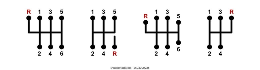 Icono de la palanca de la caja de cambios. Juego de Vectores de cambio de la caja de cambios. Símbolo de la caja de cambios manual. Logotipo del servicio de coche.