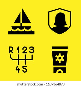 gearbox, sailboat, sun cream and security vector icon set. Sample icons set for web and graphic design